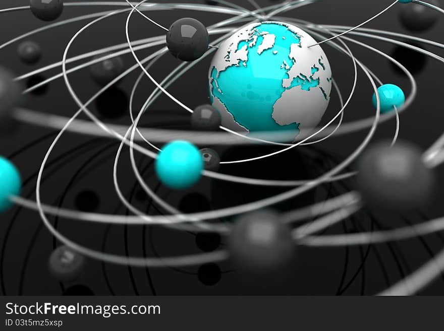 Background with abstract spheres and the Earth