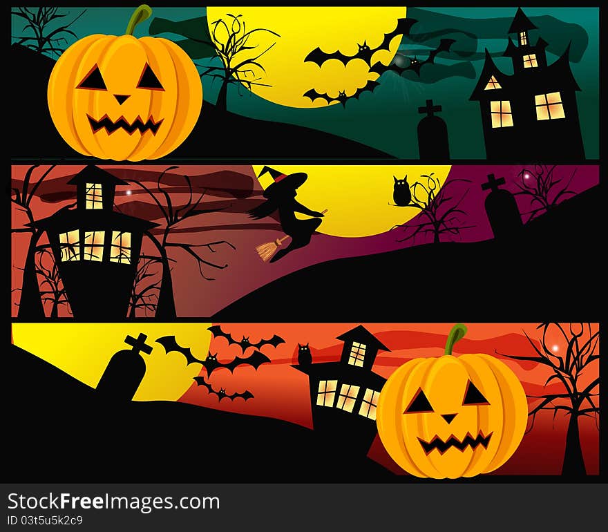 Three Halloween banners with pumpkins, witch, bats and owls