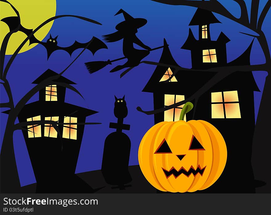 Halloween scene with pumpkins, witch, bats and owls