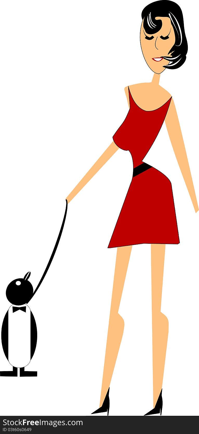 Mature lady in red dress walking her pet penguin. Mature lady in red dress walking her pet penguin