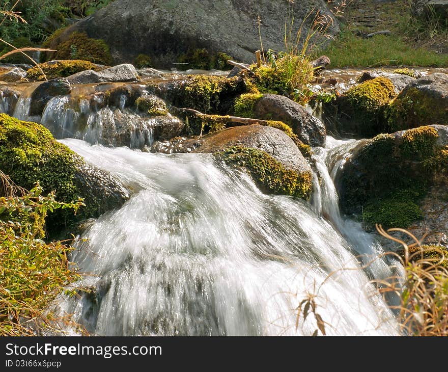 Forest stream running over mossy rocks in Alps mountains. Forest stream running over mossy rocks in Alps mountains