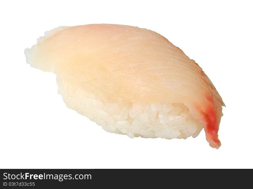 Sushi  izumitai with  slice of grouper isolated on white  background. Sushi  izumitai with  slice of grouper isolated on white  background