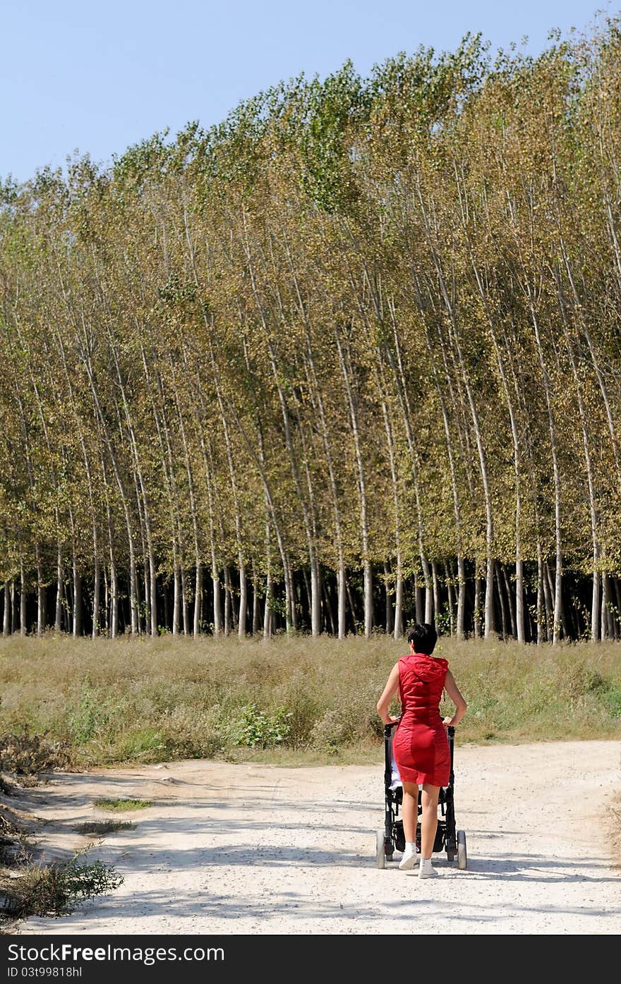 Woman walking her baby in the forest