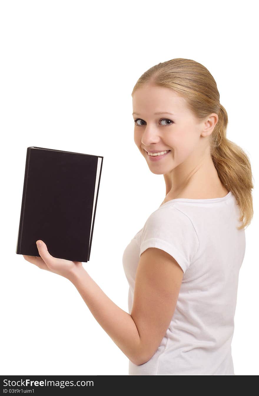 Attractive girl with a book on white background. Attractive girl with a book on white background