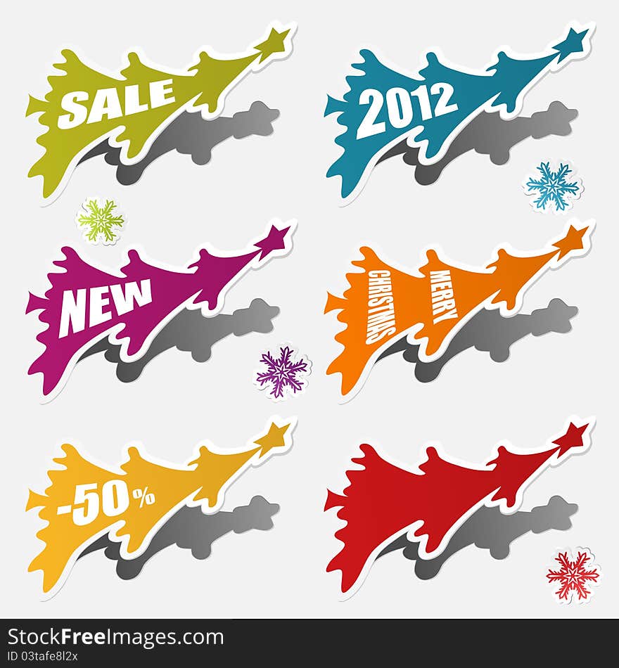 Christmas sticker with tree and snowflake in different colors, vector illustration