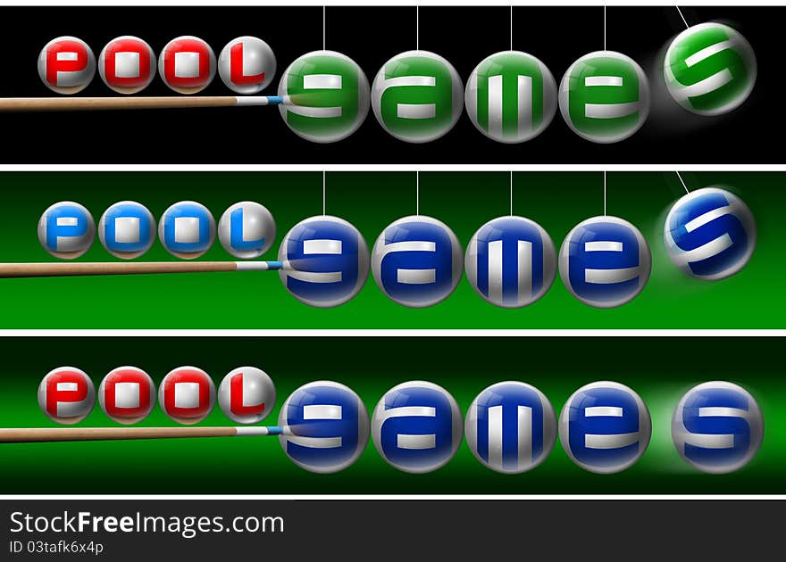 Three illustrations with pool balls, written pool games and one pool cues. Three illustrations with pool balls, written pool games and one pool cues