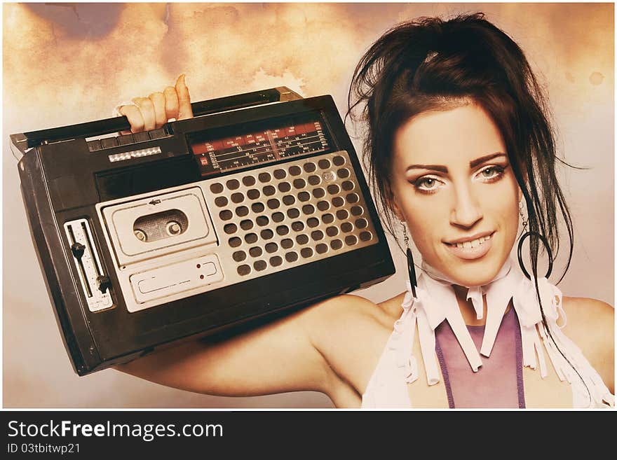 Portrait of freaky woman with a old fashioned tape recorder. Portrait of freaky woman with a old fashioned tape recorder