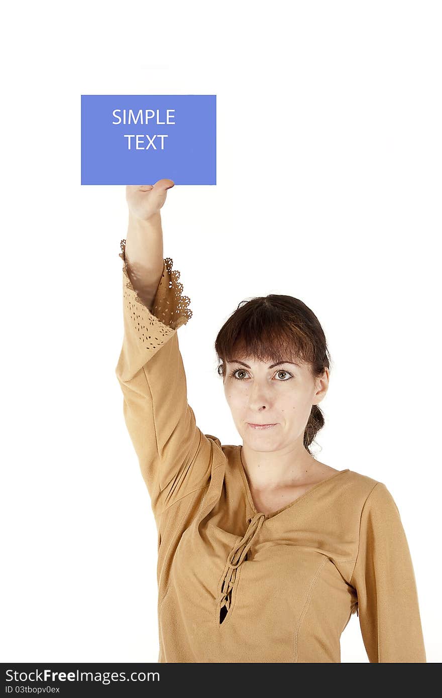 The young girl holds in a hand over a head the dark blue tablet, isolation on a white background. The young girl holds in a hand over a head the dark blue tablet, isolation on a white background