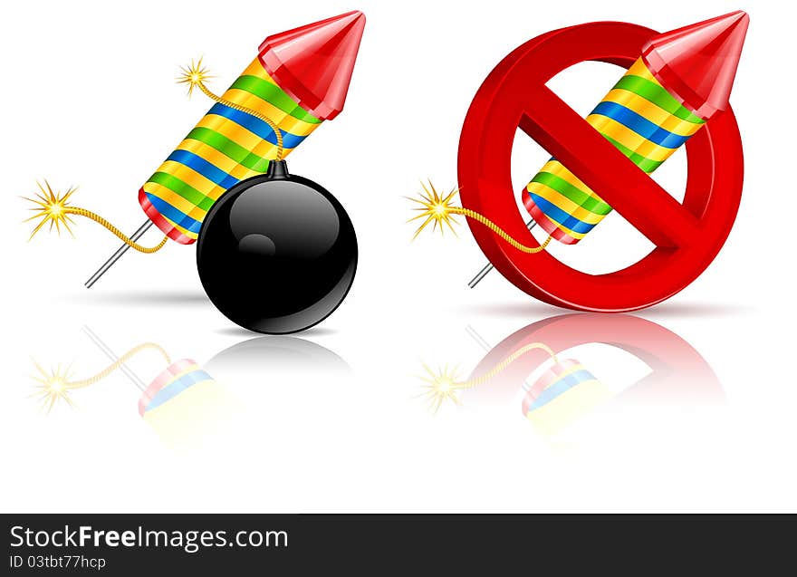 Firework rockets, bomb and stop sign on white, vector illustration. Firework rockets, bomb and stop sign on white, vector illustration