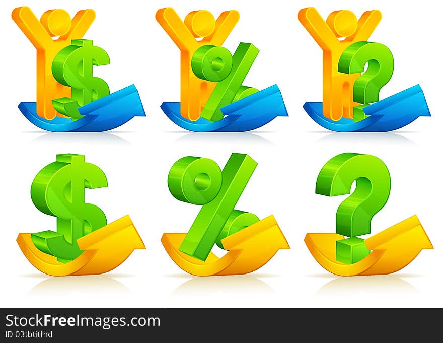 Person, question, exclamation, percent and dollar sign on arrows, vector illustration. Person, question, exclamation, percent and dollar sign on arrows, vector illustration