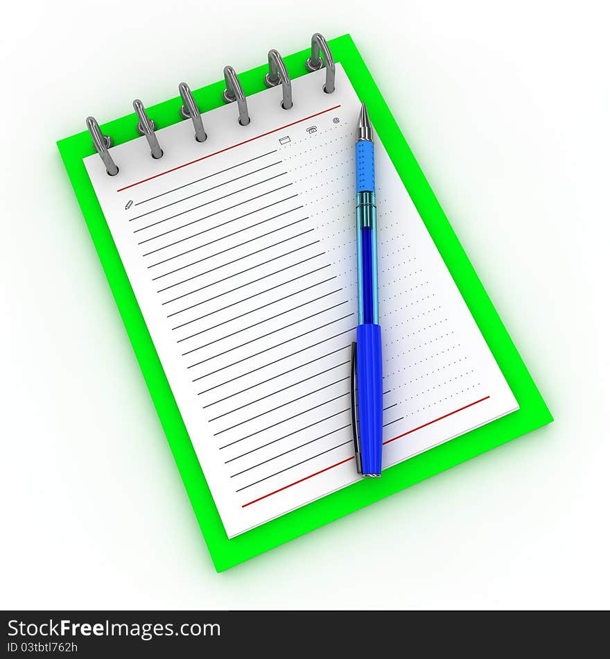 Pen on a notebook on a white background