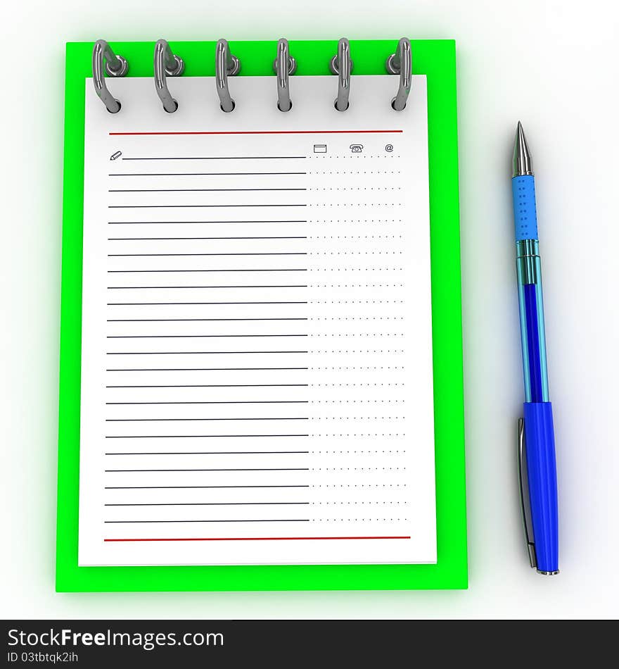 Pen on a notebook on a white background