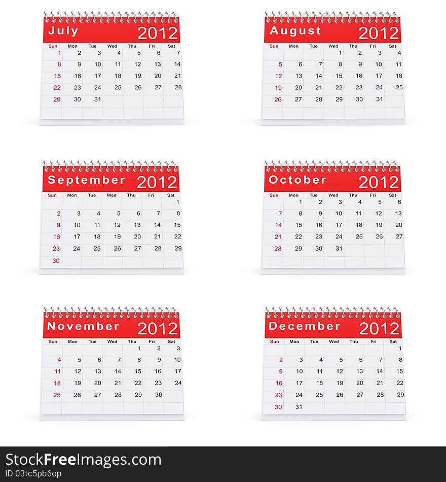 3D rendering of 2012 desk calendar July to December