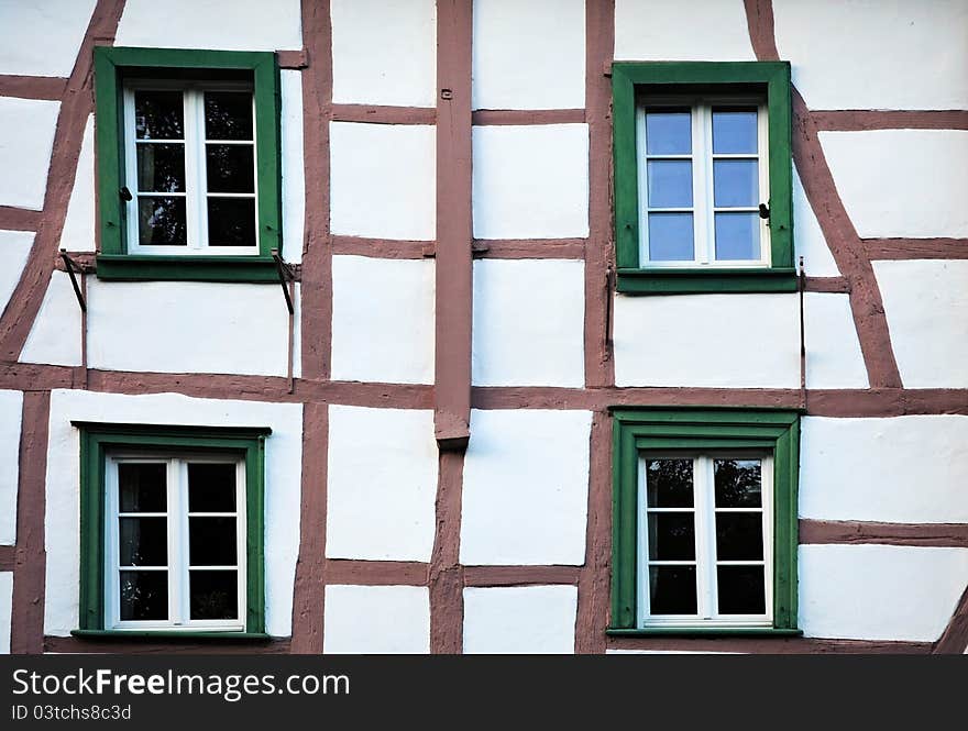 Old framework houses in Monschau , Eifel. The framework houses in Monschau are monument protected. Photo was taken in september 2011