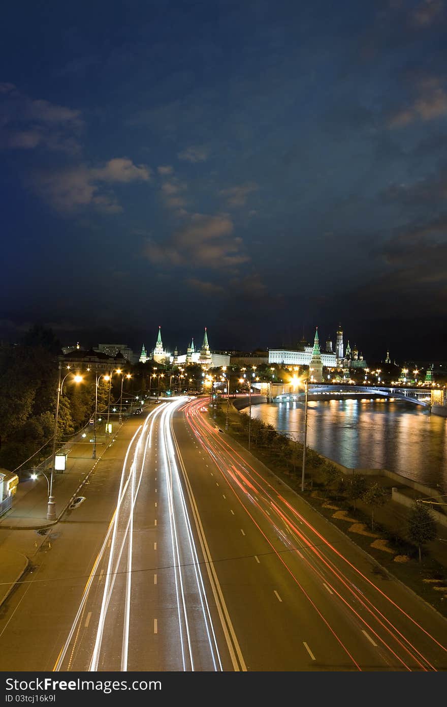 Kremlin wall and Moscow river at night. Kremlin wall and Moscow river at night.