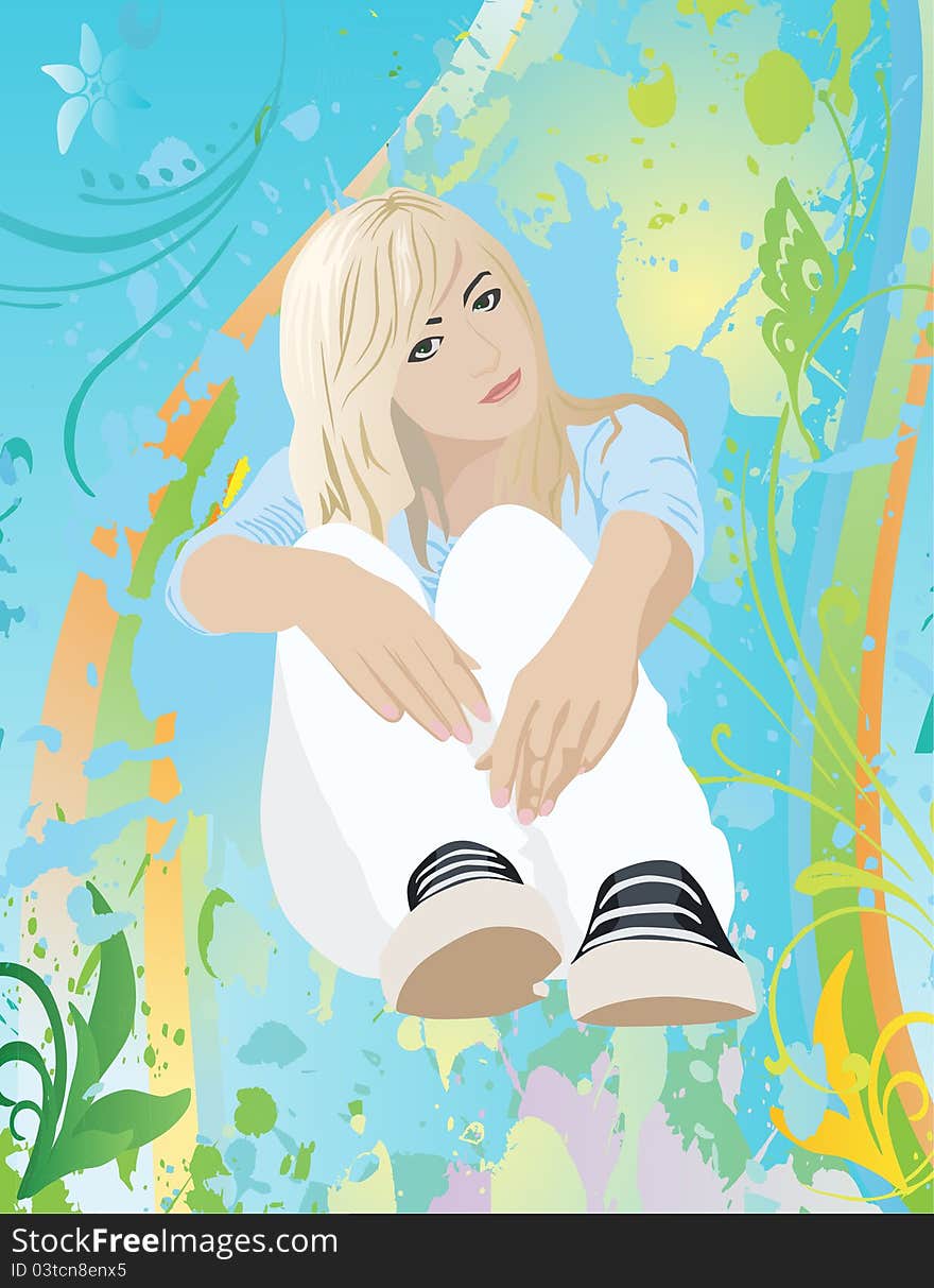 Sitting girl on spring background (vector illustration)