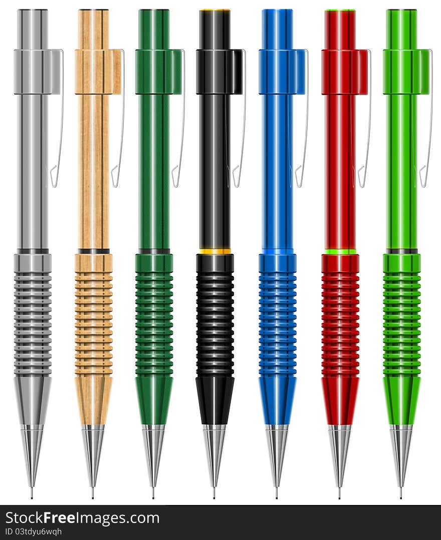 Illustration of 7 multicolored propelling pencils, plastic, wood and leather