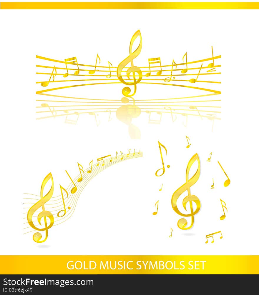 Abstract music symbols set gold color isolated