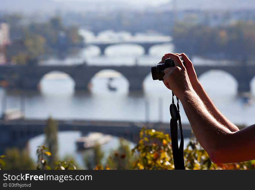 Taking picture of The Charles Bridge in Prague