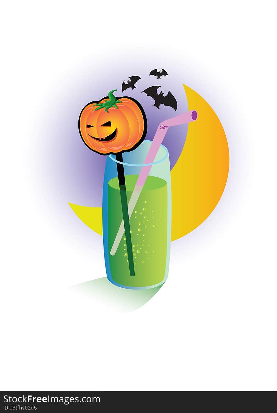 Halloween goodtaste cocktail with green drink and pumpkin. Halloween goodtaste cocktail with green drink and pumpkin