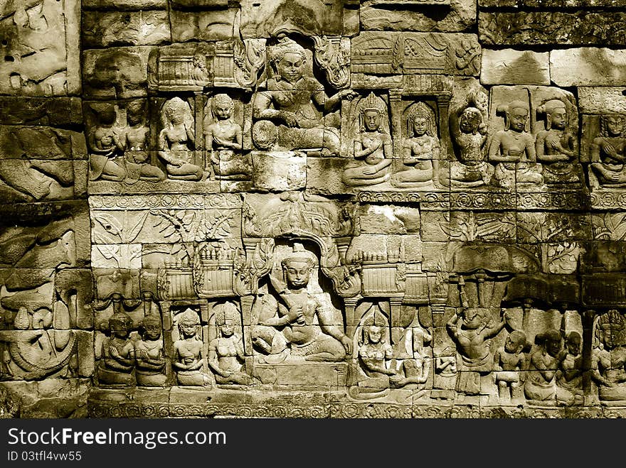 Ornate bas-reliefs at Angkor Thom, Cambodia