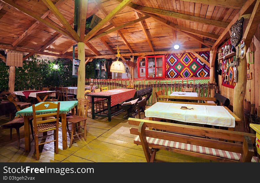 Balcony of a restaurant, traditional folklore style. Balcony of a restaurant, traditional folklore style.