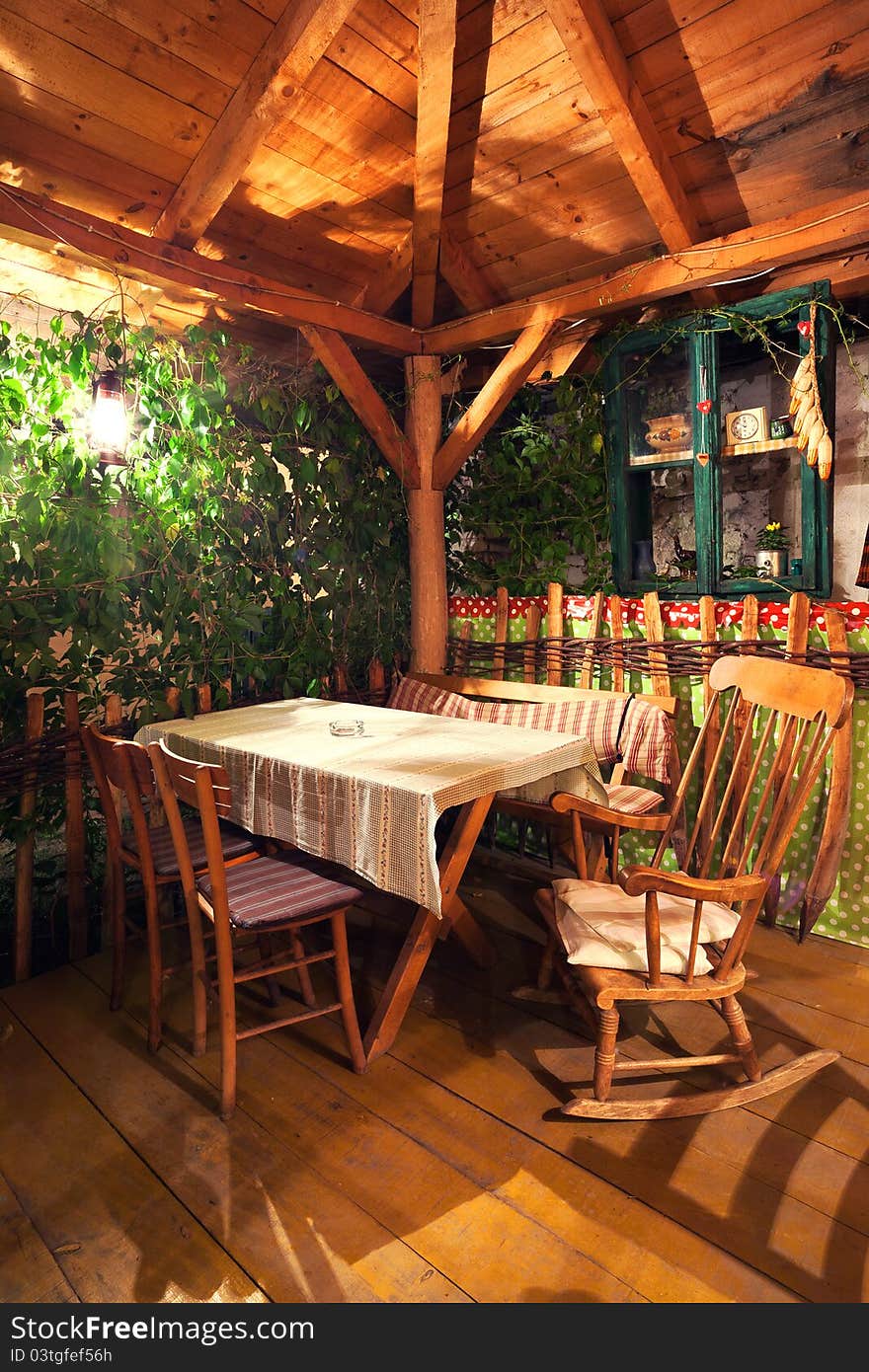 Balcony of a restaurant, traditional folklore style. Balcony of a restaurant, traditional folklore style.