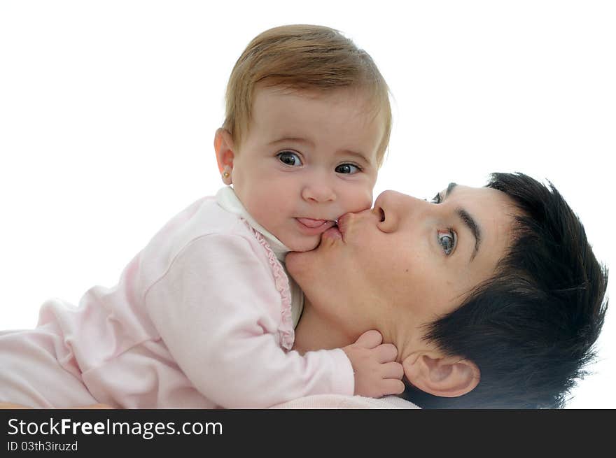 A mother playing with her little baby on white background. A mother playing with her little baby on white background