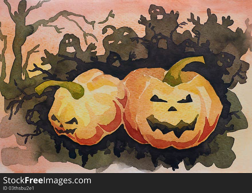 Halloween frightful congratulation card (hand-drawn with watercolor)