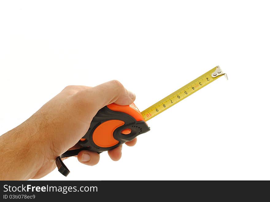 Man hand holding a tape measure on white background