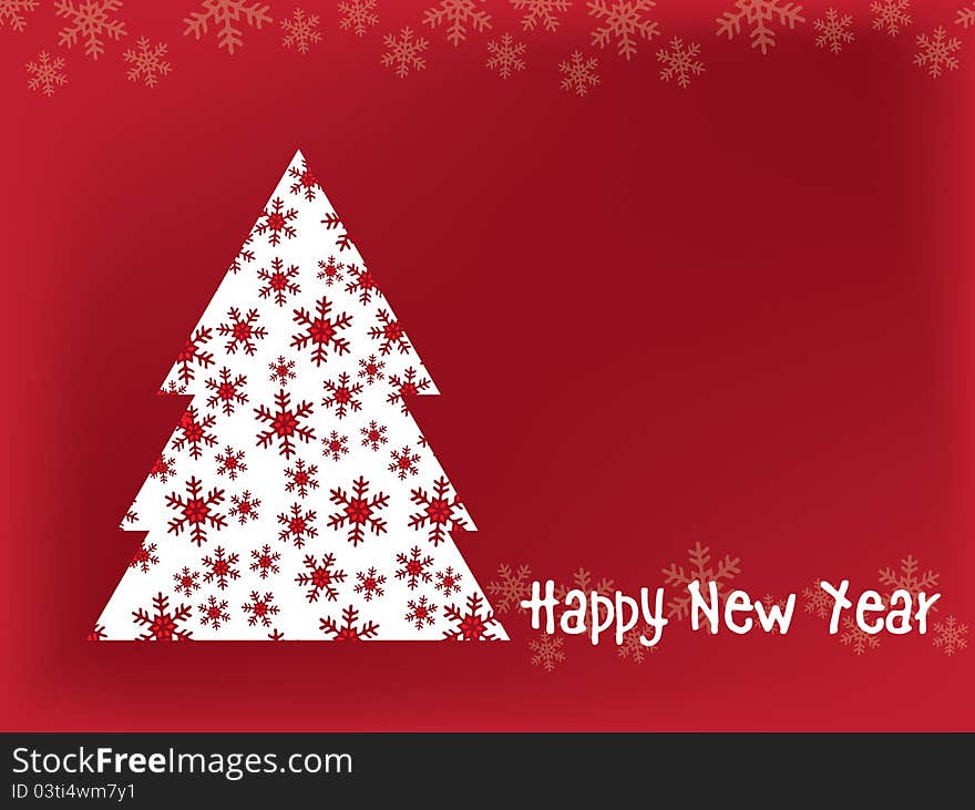 Happy New Year White Tree with snowflake and red background. Happy New Year White Tree with snowflake and red background