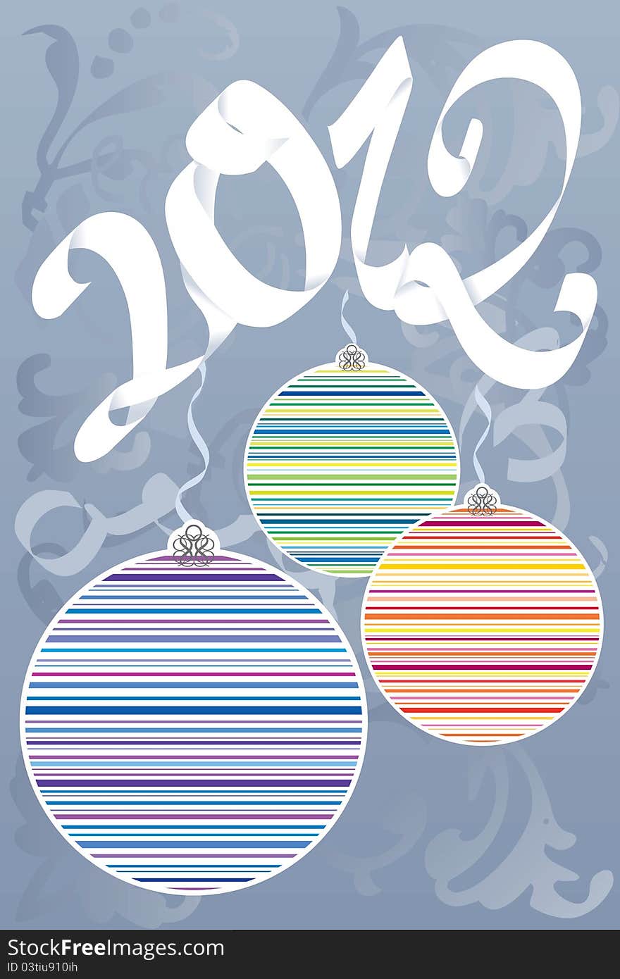 Colorful Decorative balls with New Year title of white ribbon on cold blue background. Colorful Decorative balls with New Year title of white ribbon on cold blue background