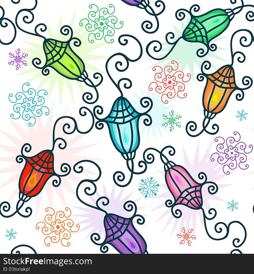 Seamless pattern with colorful christmas small lamps and snowflakes. Seamless pattern with colorful christmas small lamps and snowflakes