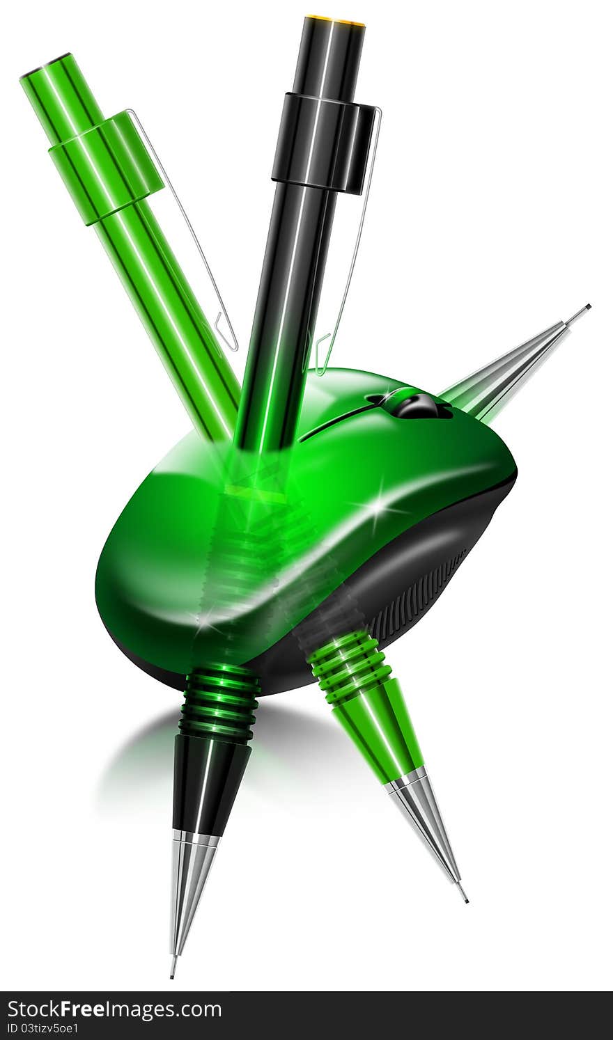 Illustration with green mouse and green and black propelling pencils, the concept of design and creativity to the computer. Illustration with green mouse and green and black propelling pencils, the concept of design and creativity to the computer