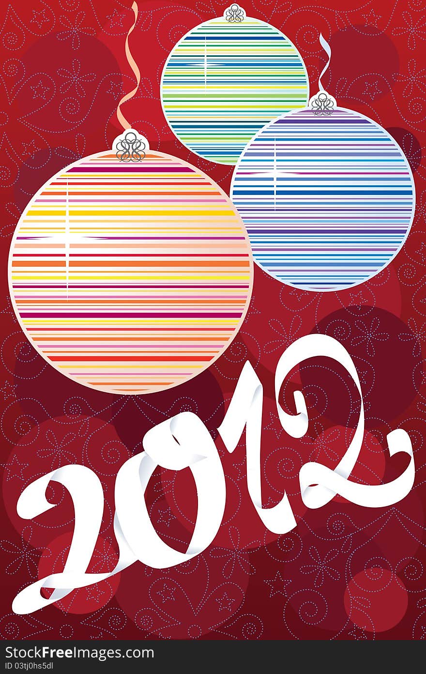 Colorful Decorative balls with New Year title of white ribbon on rich red background. Colorful Decorative balls with New Year title of white ribbon on rich red background