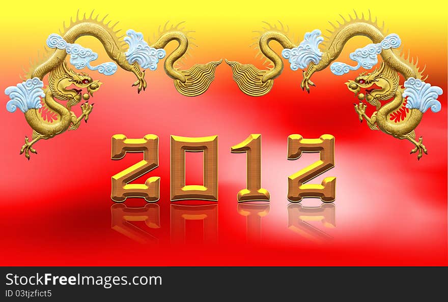 Two golden dragons 2012 On red background.