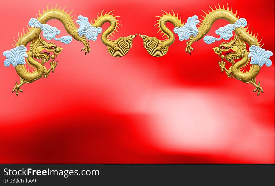 Two golden dragons. On a red background