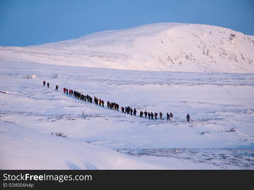 People are walking in row on snow in Norway. People are walking in row on snow in Norway