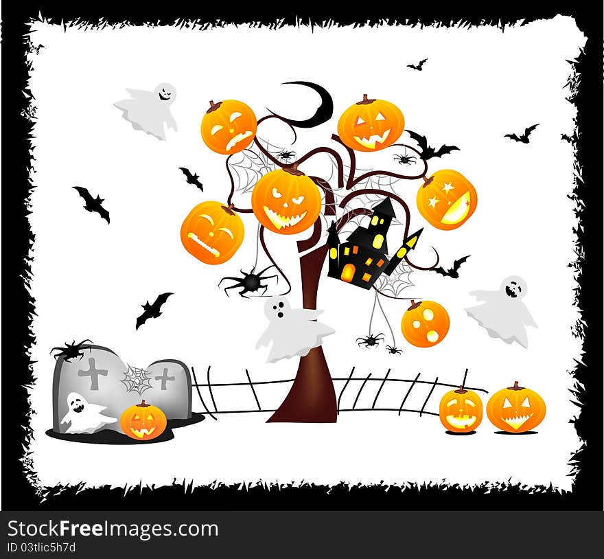 Fun and original Halloween background with pumpkins, ghosts and many other subjects typical of this holiday. Fun and original Halloween background with pumpkins, ghosts and many other subjects typical of this holiday