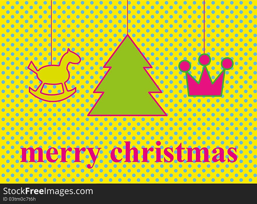 Retro Christmas tree with ornaments, xmas card