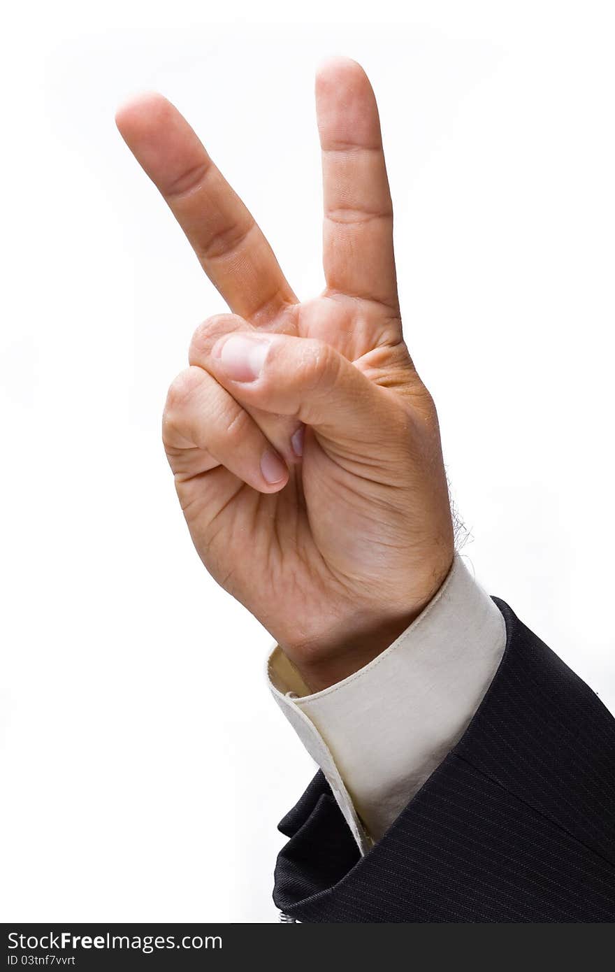 Businessman hand showing a sign. Isolated on a white background.