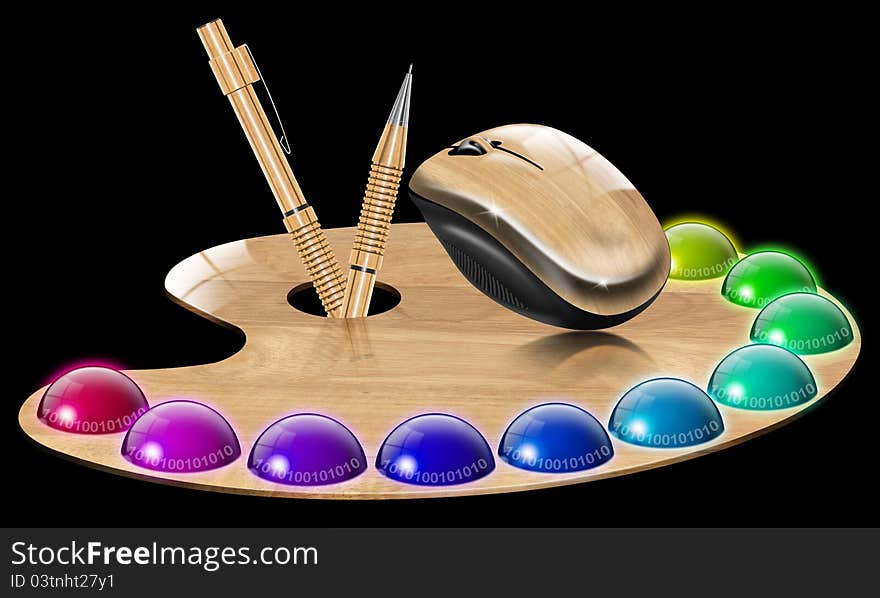 Illustration with a painter's palette of wood with multicolored balls, wood mouse and propelling pencils on black background. Illustration with a painter's palette of wood with multicolored balls, wood mouse and propelling pencils on black background