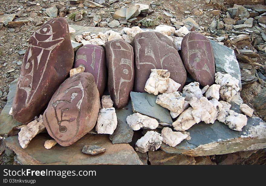 Tibetan prayer stones, Zanskar valley, Ladakh, India.