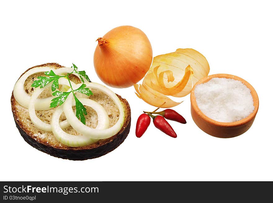 Bread with onions and salt, isolated on a white background. Bread with onions and salt, isolated on a white background