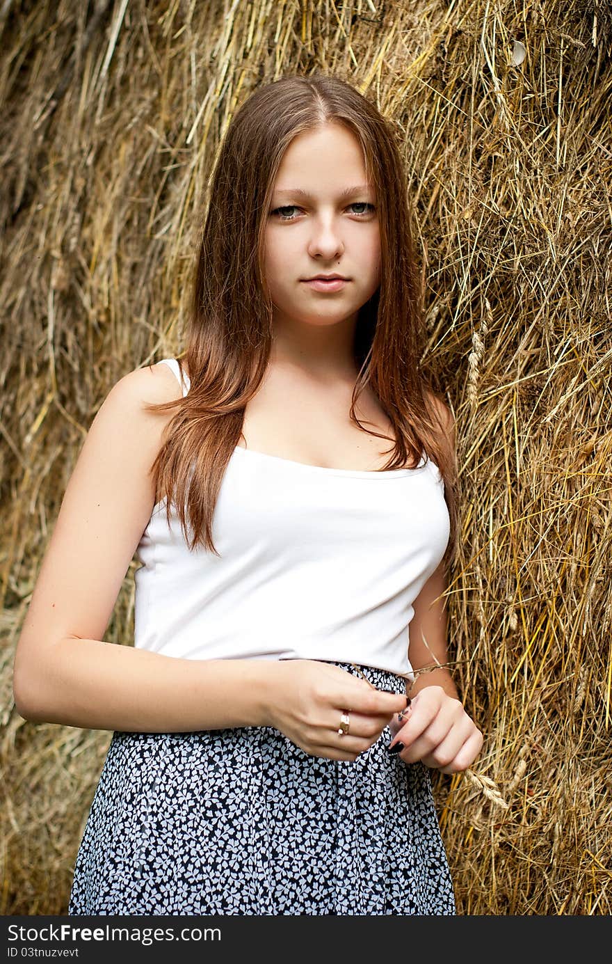 Young woman portrait with hay on background.