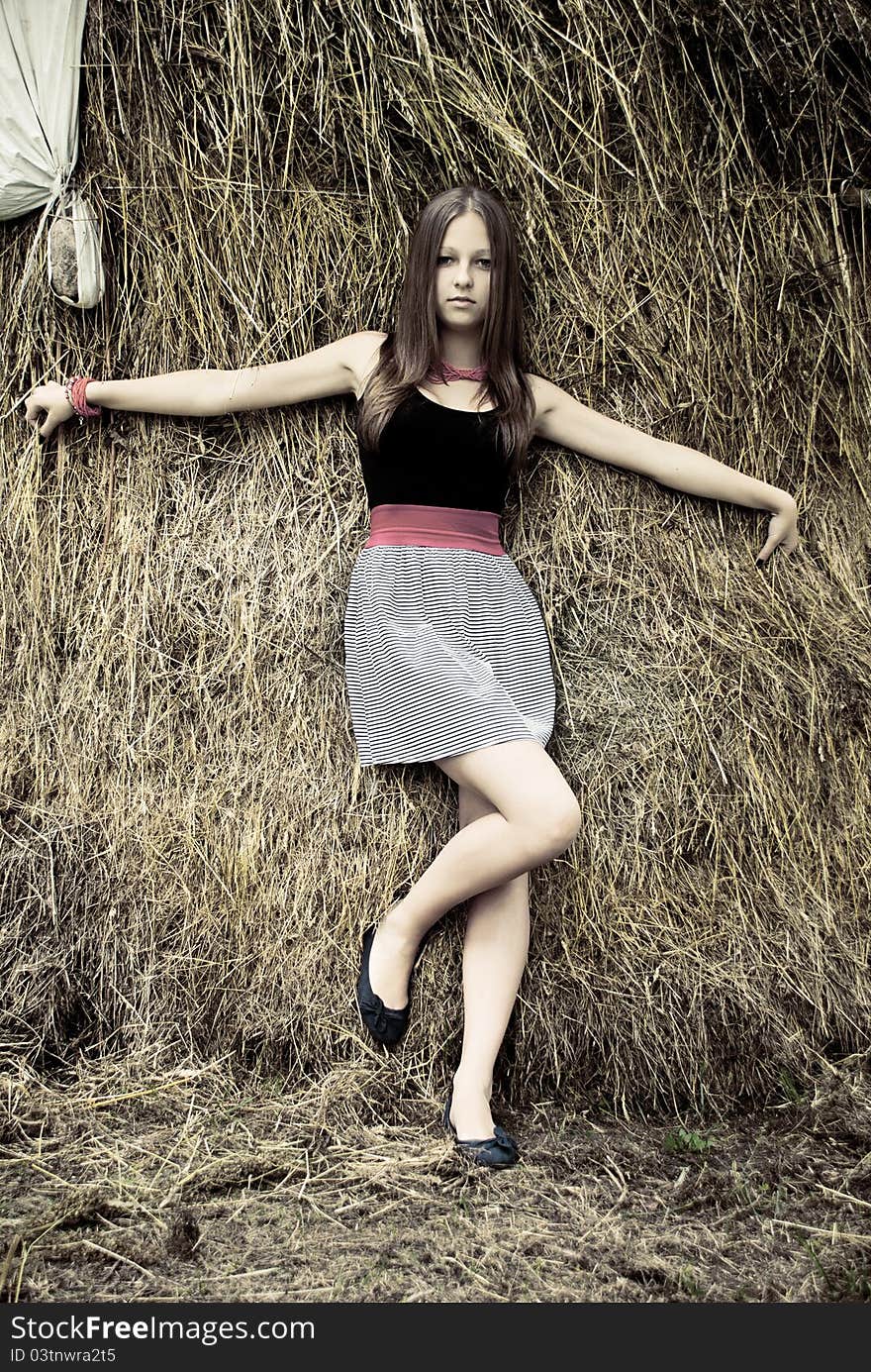 Romantic woman portrait with hay background.