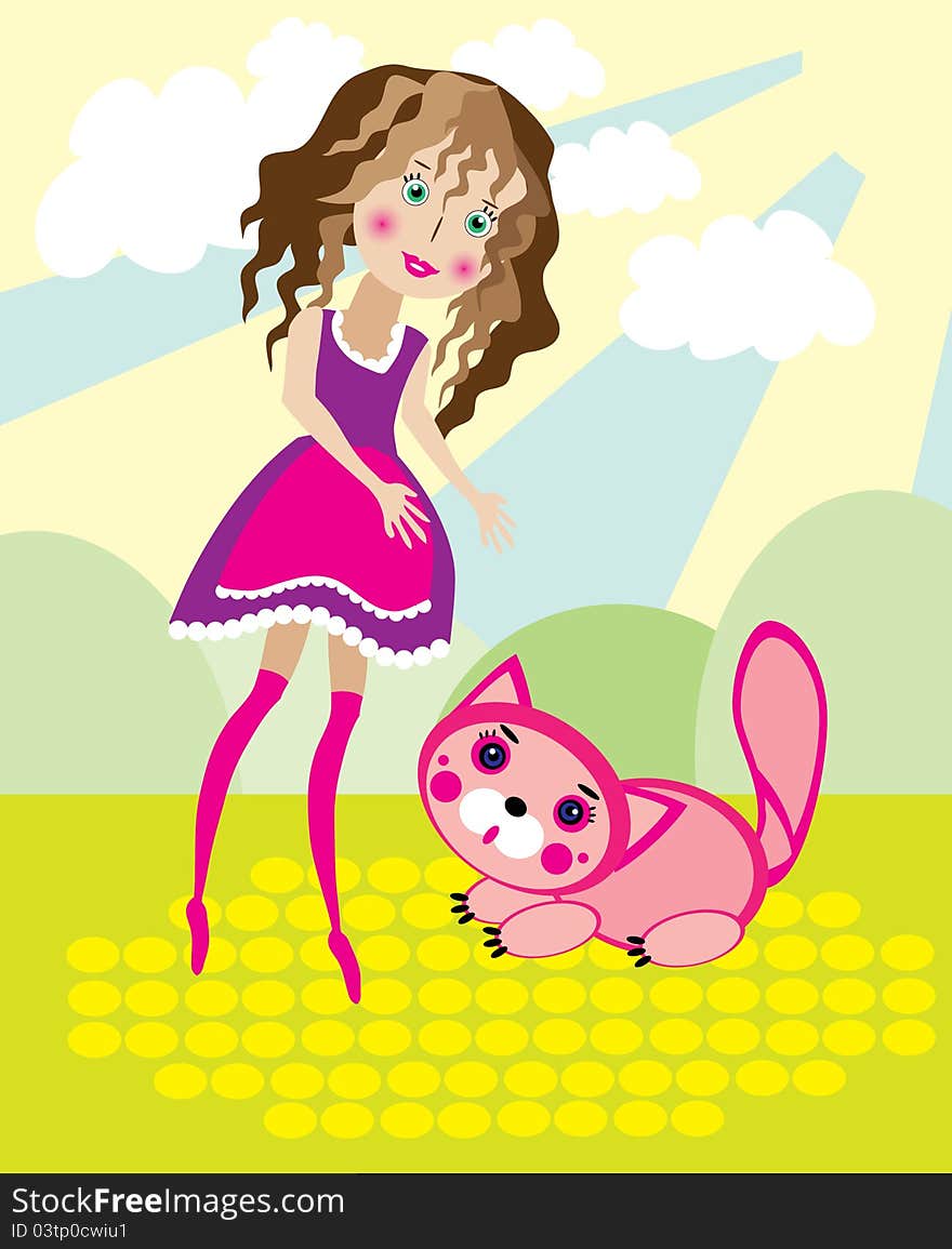 Illustration of little smiling girl with pink cute kitty. Illustration of little smiling girl with pink cute kitty