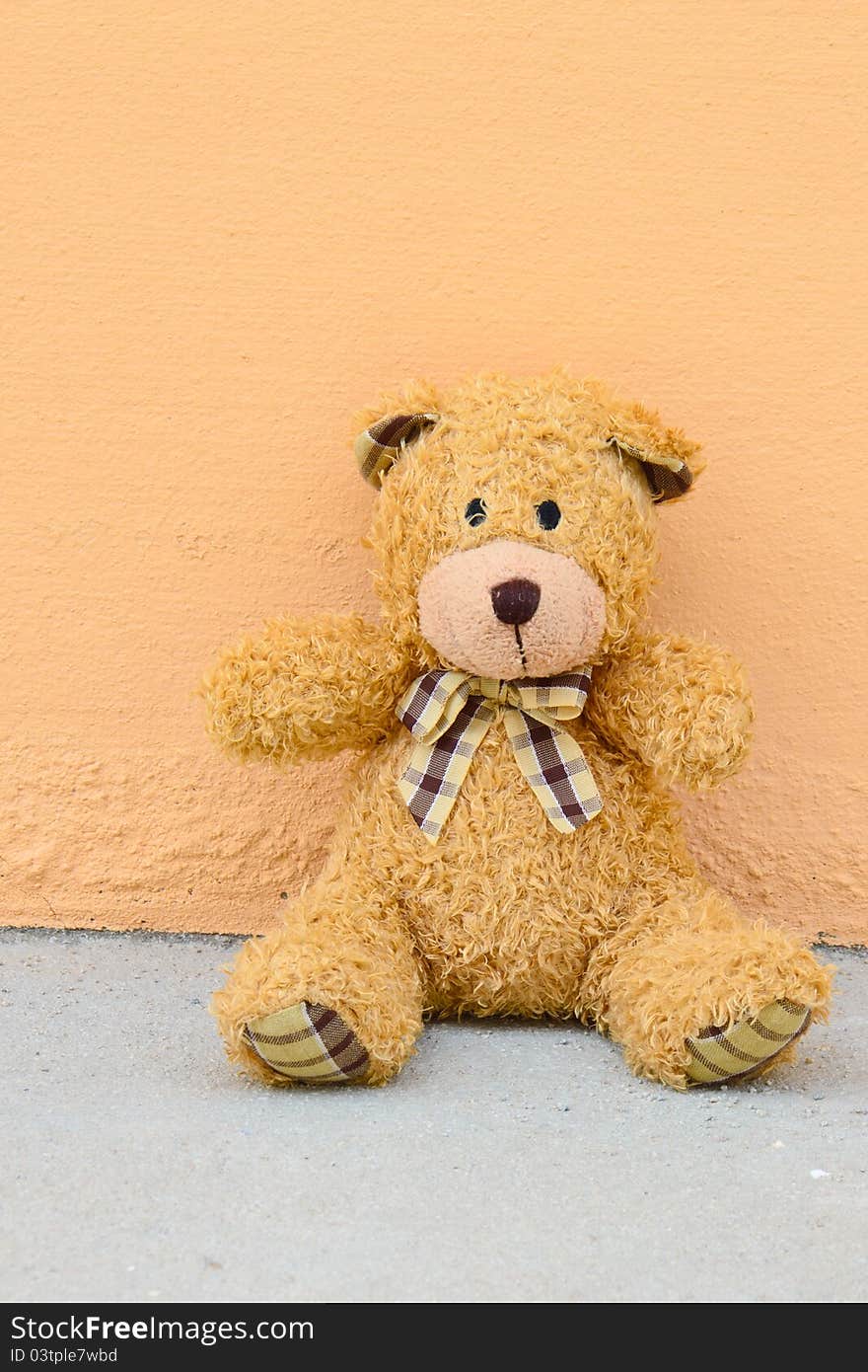 Teddy Bear with plaid bow on wall orange background