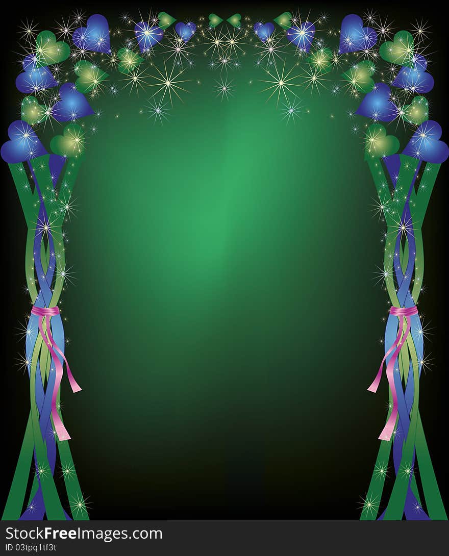 Beautiful colorful celebratory background, decorated with blue and green hearts, stars and ribbons. Beautiful colorful celebratory background, decorated with blue and green hearts, stars and ribbons