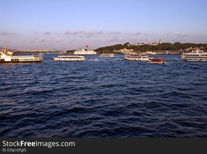 Ships in Bosporus strait in Istanbul, Turkey